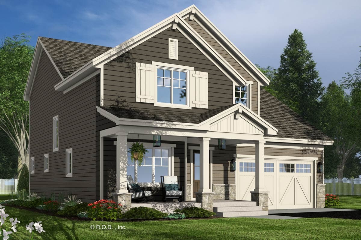 House plan exterior: Two-story Modern Farmhouse with covered porch, gables, and attached two-car garage.