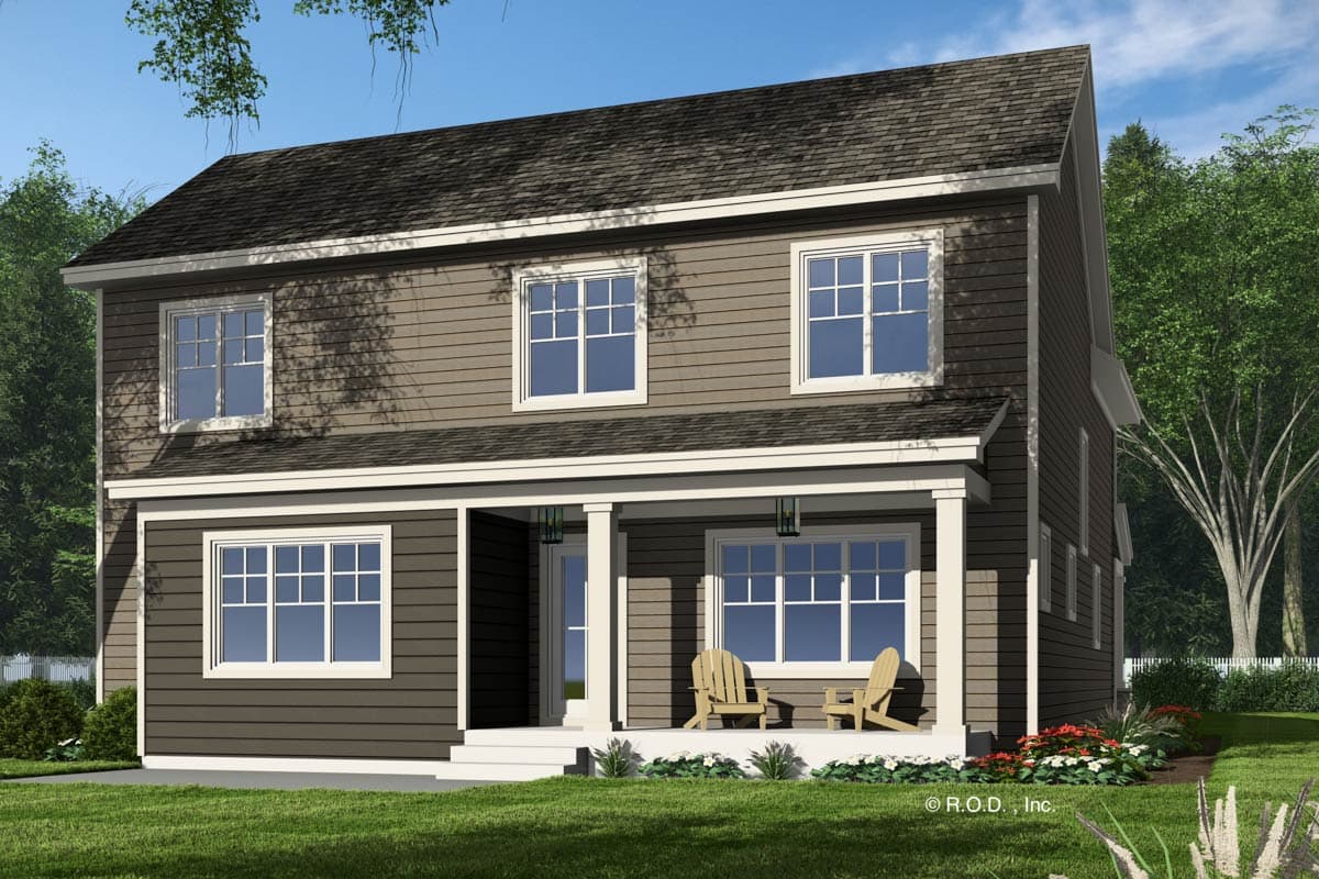 Two-story house plan exterior with horizontal siding, a gabled roof, and a covered front porch with two columns and pendant lights.