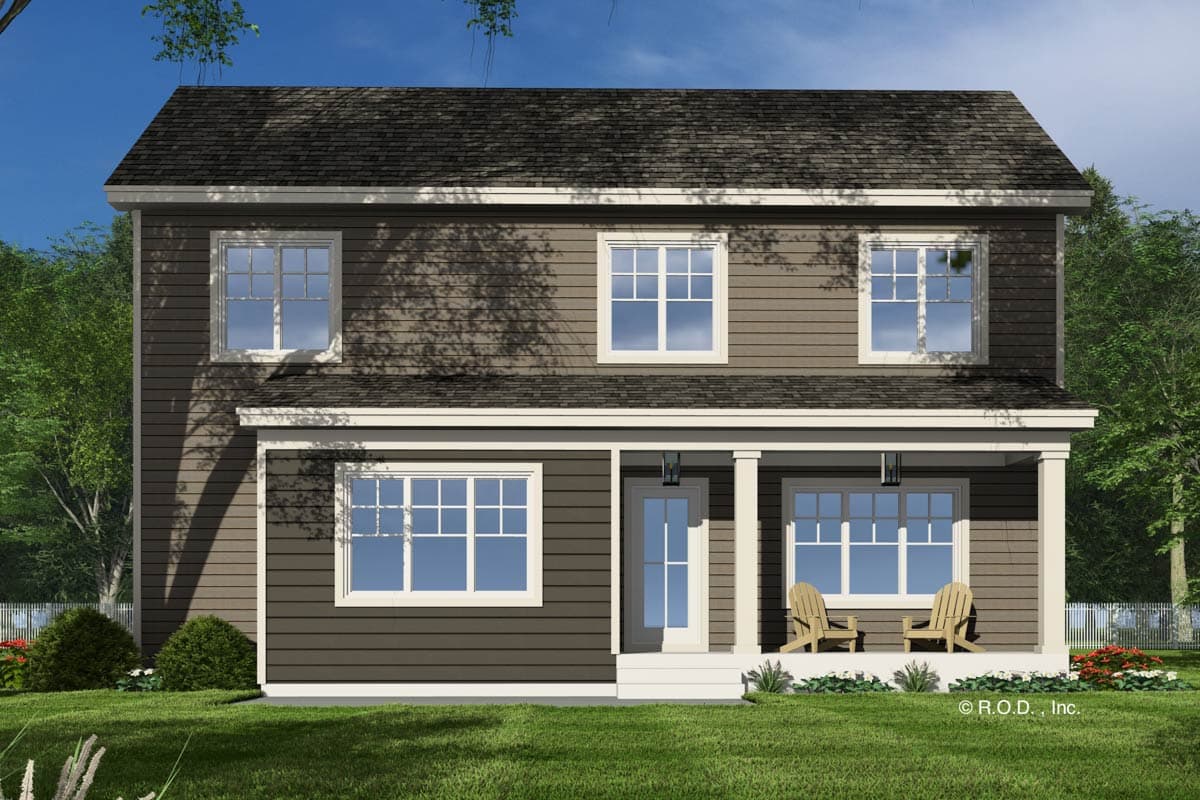 Two-story house plan exterior with a covered front porch, multiple windows, and a symmetrical gable roof.