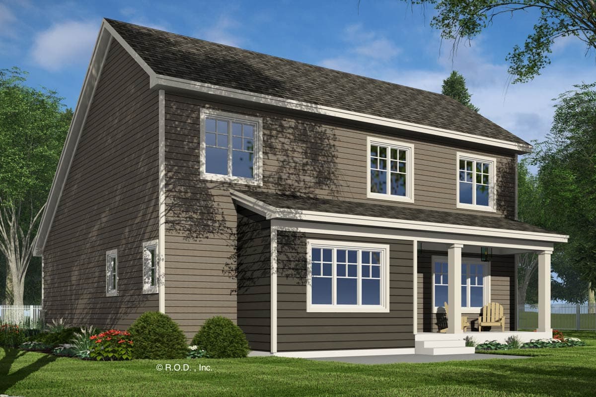 Two-story house plan exterior with a gabled roof, lap siding, and a covered front porch with square columns.