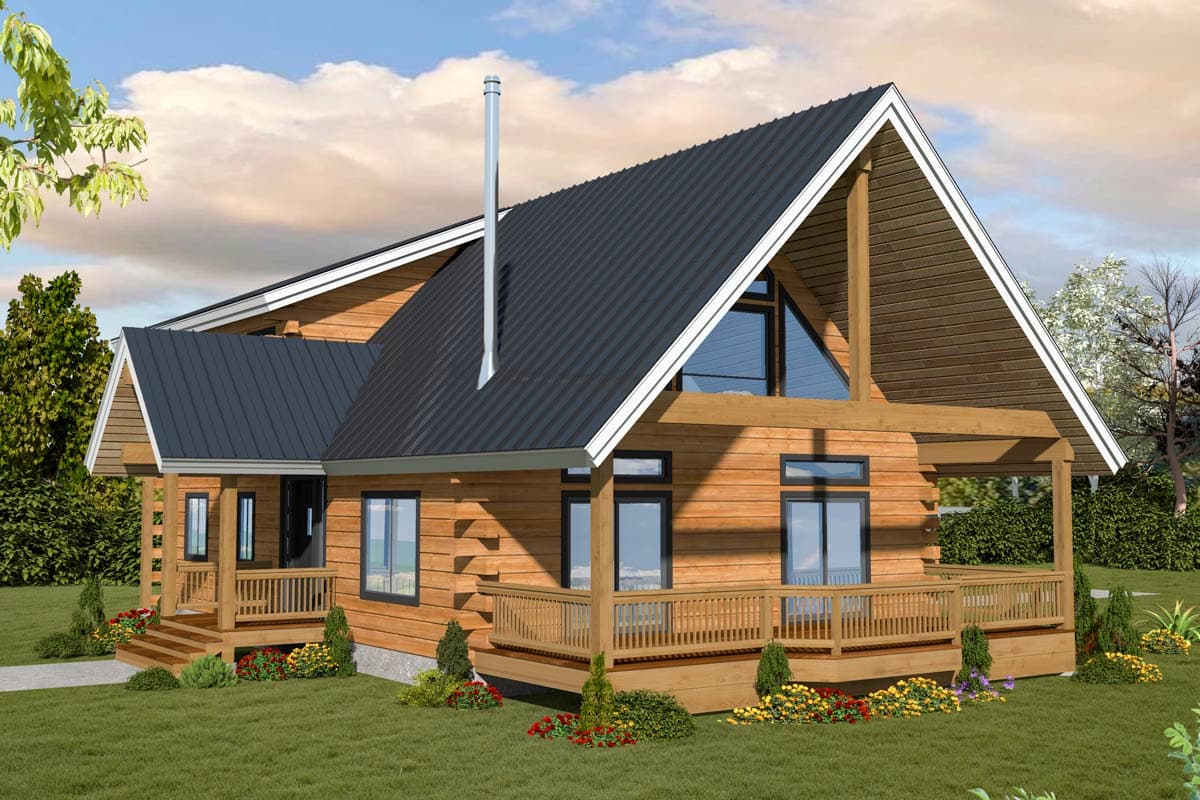 House plan exterior with wood siding, a gable roof with metal roofing, and a wraparound deck.