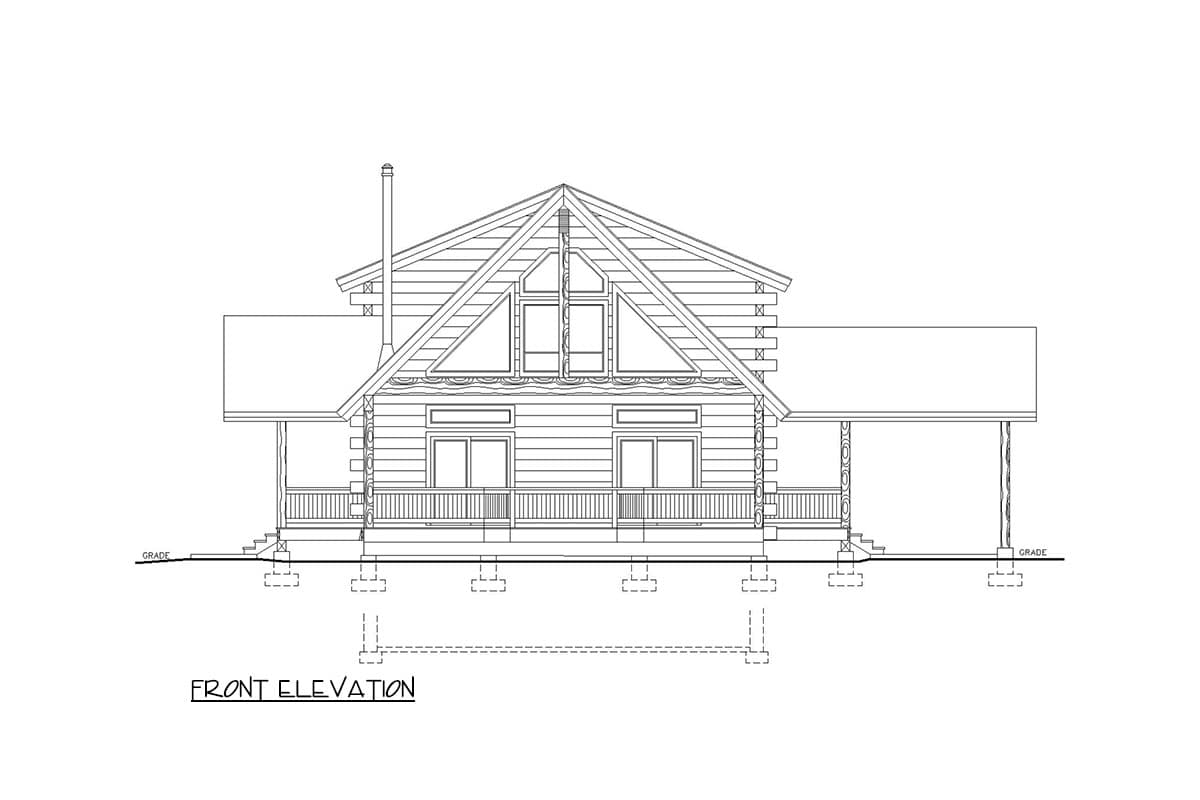 Log cabin house plan front elevation with full-width porch and prominent gables.