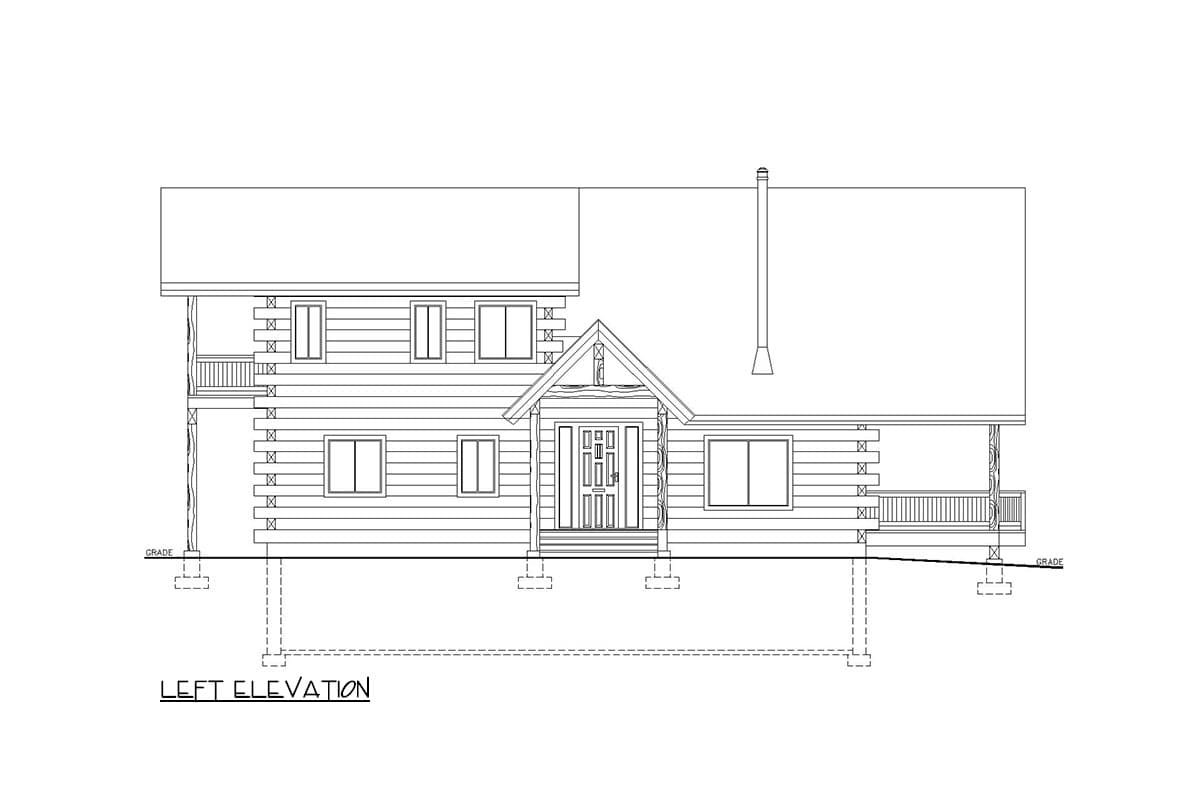 Left elevation drawing of a two-story log house plan with a covered front porch and multiple windows.
