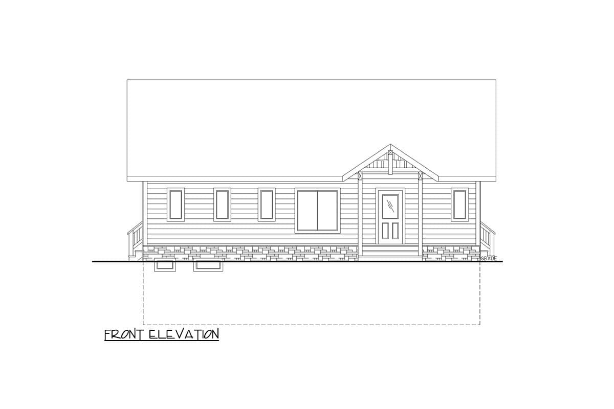 Front elevation drawing of a single-story house with a covered porch, gabled entrance, horizontal siding, and stone foundation.