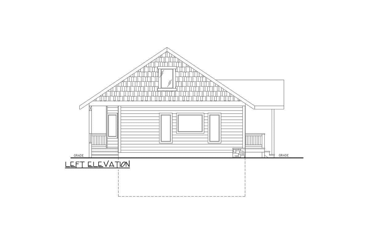 Left elevation house plan: one-story with gabled roof, dormer, horizontal siding, and covered porches.