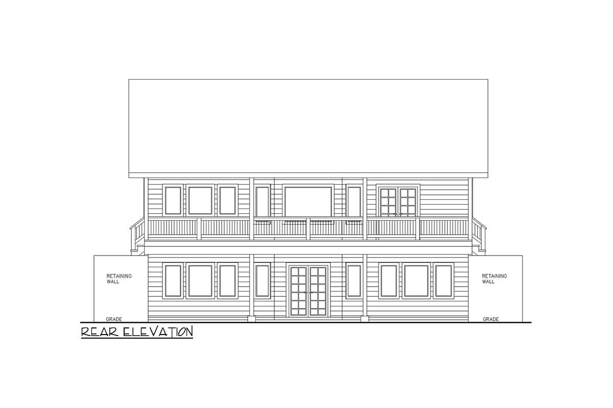 Rear elevation drawing of a two-story house plan with a full-width upper balcony and a lower level with double doors and retaining walls.