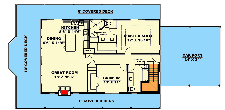 Plan 350089GH: 2-Bed Country House Plan with Drive-Under Garage - 2045 Sq Ft - Floor Plan - Main Level - Country, Traditional