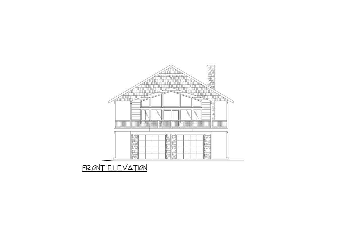 Front elevation drawing of a house with a gabled roof, large upper windows, and a two-car garage.