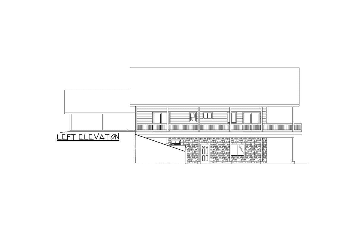 Left elevation house plan: two-story structure with a covered porch, horizontal siding, and stone-clad lower level with double doors and windows.