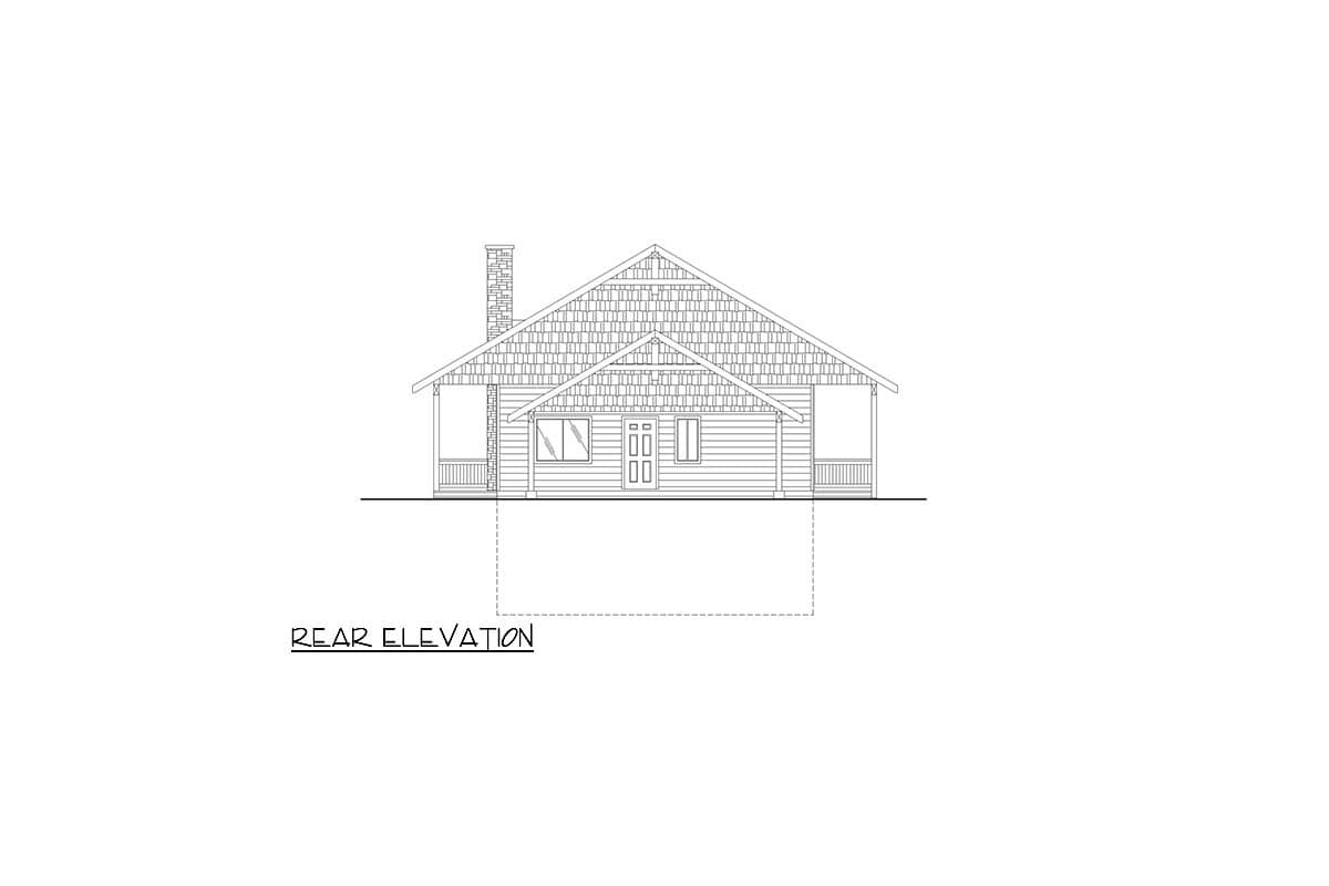 Rear elevation drawing of a one-story house plan with a prominent gable, a stone chimney, and covered porches on either side of the entrance.
