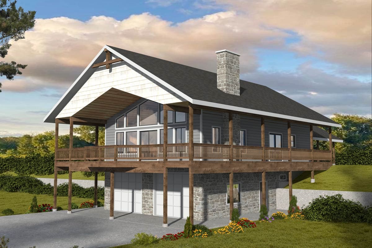 House plan exterior. Two-story with a gable roof, wrap-around deck, and stone chimney. Includes a garage and exposed post supports.