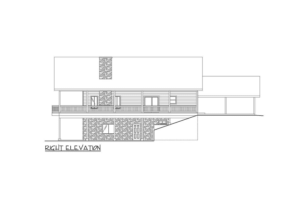 Right elevation house plan showing a two-story home with stone foundation, covered porch, and gabled roof.