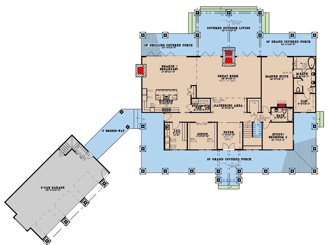 Plan 70911MK: Two-Story Shingle House Plan with Angled Garage - 5679 Sq Ft - Floor Plan - Main Level - Country, Craftsman, Shingle