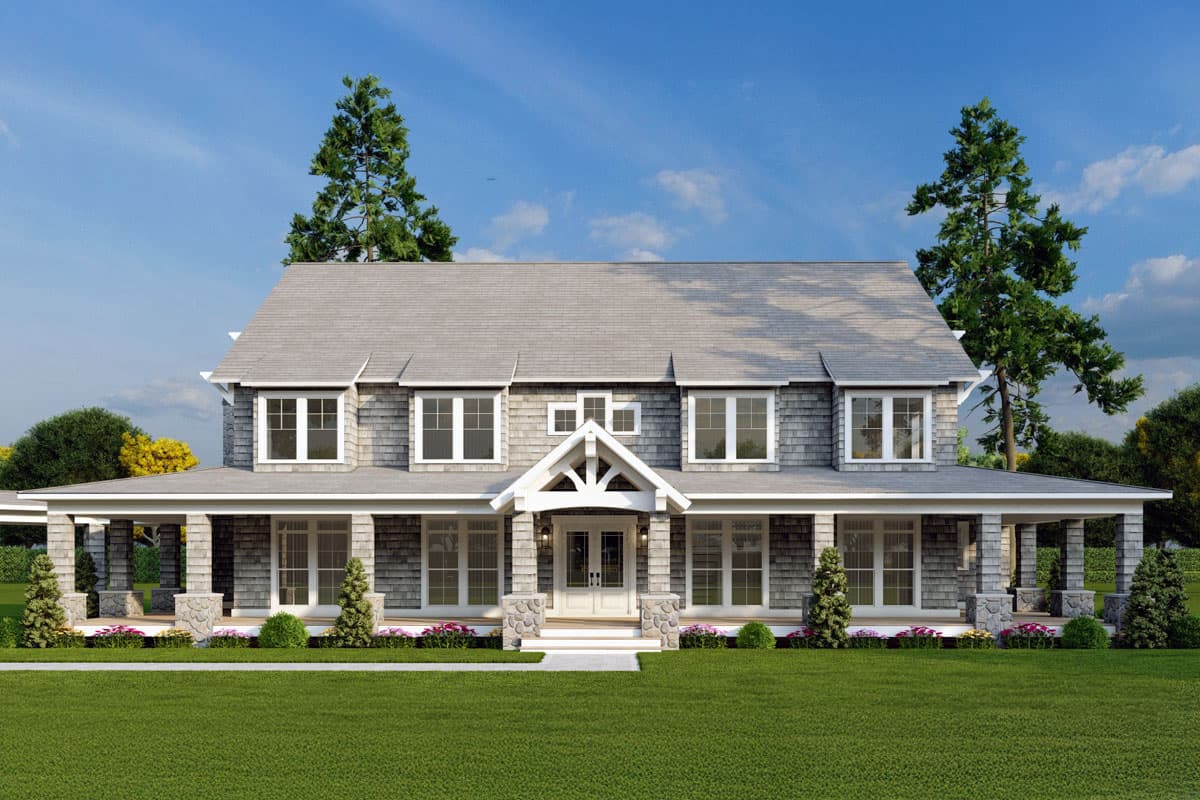 House plan exterior featuring a two-story farmhouse design with a front porch, gables, and multiple dormers.