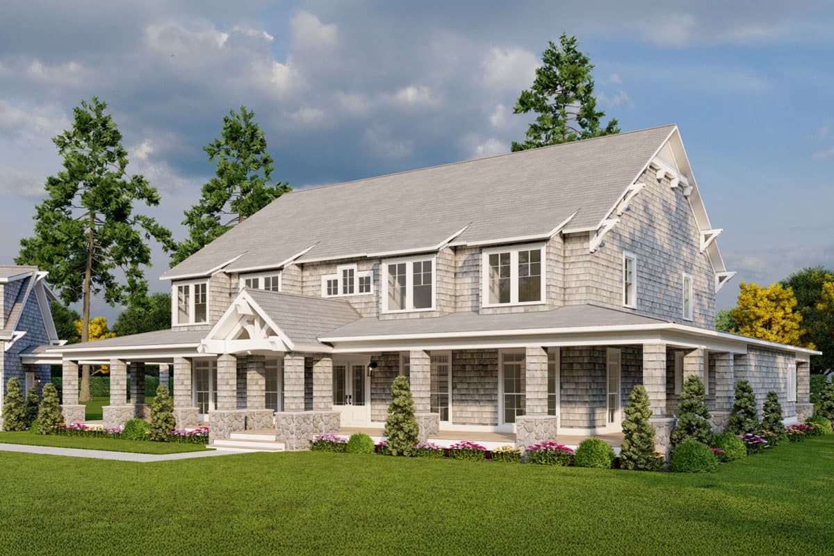 House plan exterior: two-story Modern Farmhouse with wrap-around porch, stone base pillars, and multiple gables.