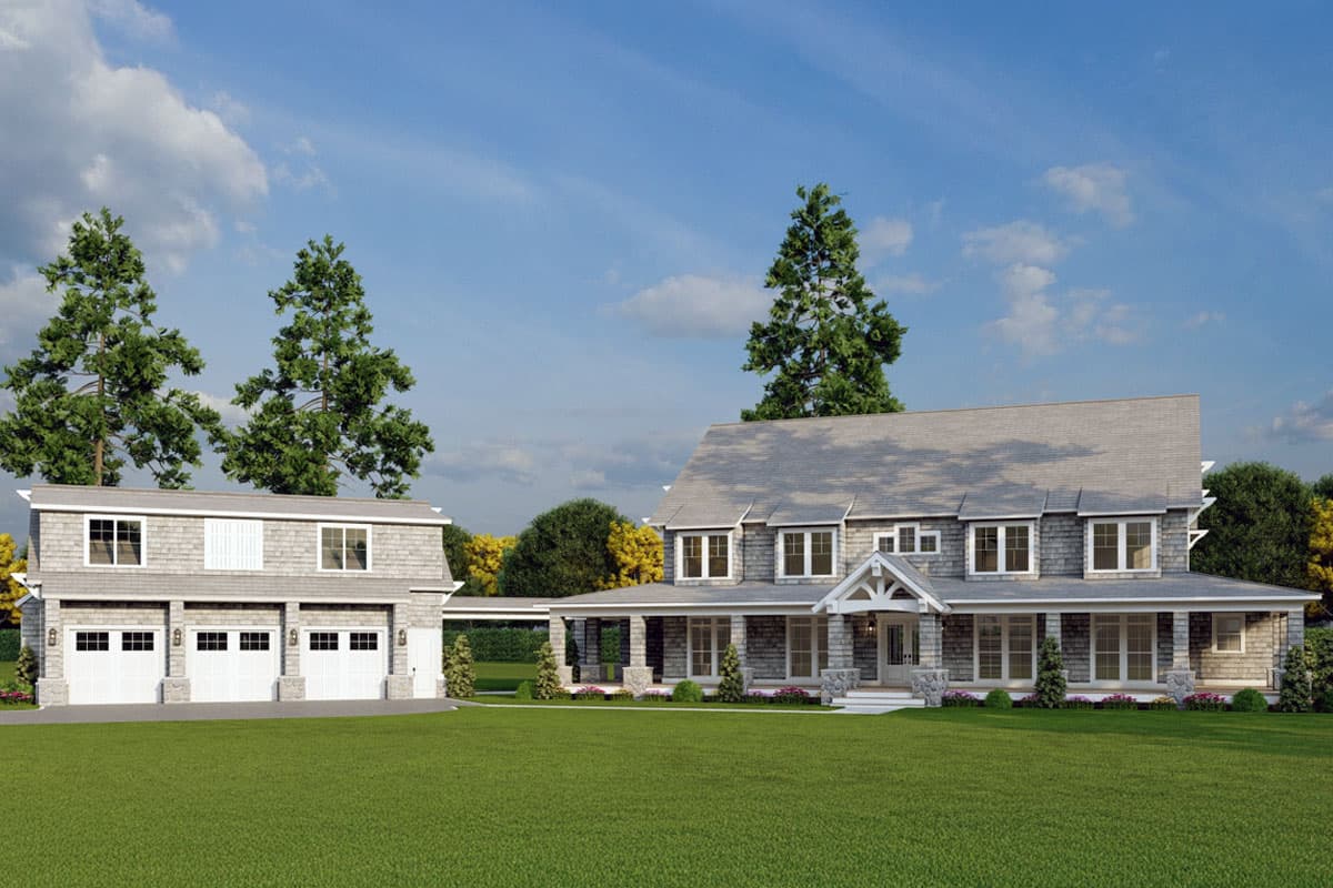 House plan exterior: Two-story home with a wrap-around porch, multiple gables, and attached three-car garage.