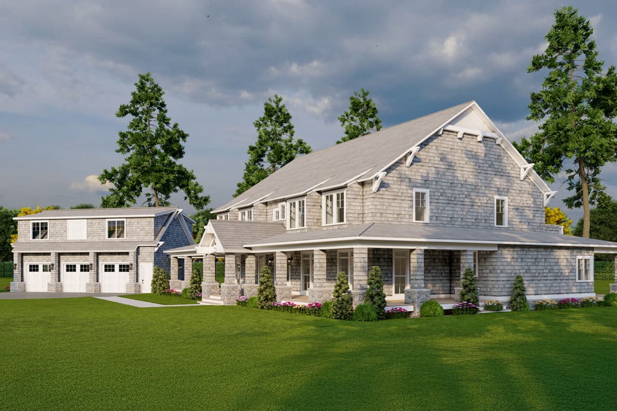 House plan exterior: two-story Modern Farmhouse with wrap-around porch, dormers, and a three-car garage.