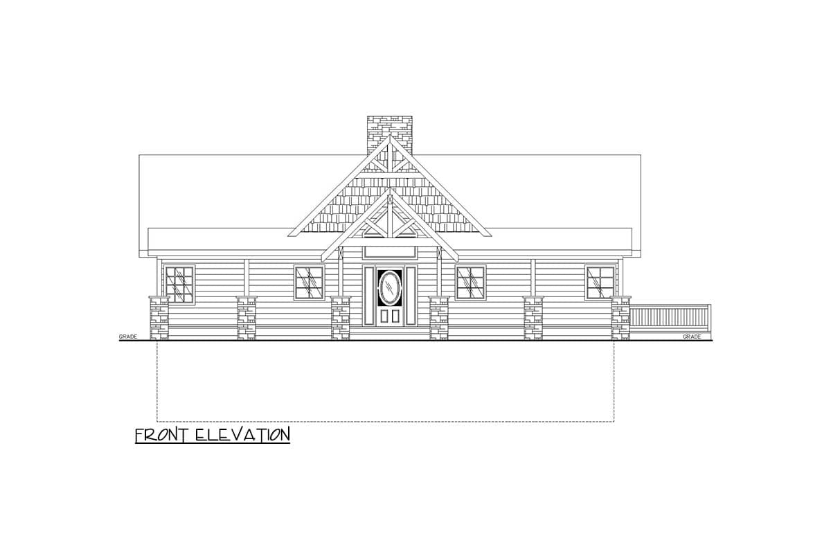 Front elevation drawing of a single-story house plan with a prominent gabled entrance, stone-clad porch columns, and a central stone chimney.