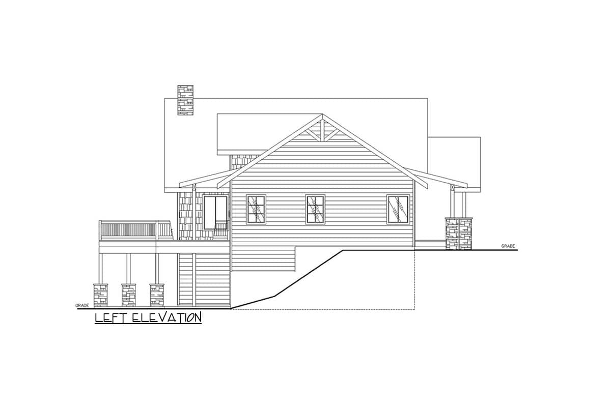 Left elevation house plan with a prominent gable, covered porch, stone accents, and a deck.