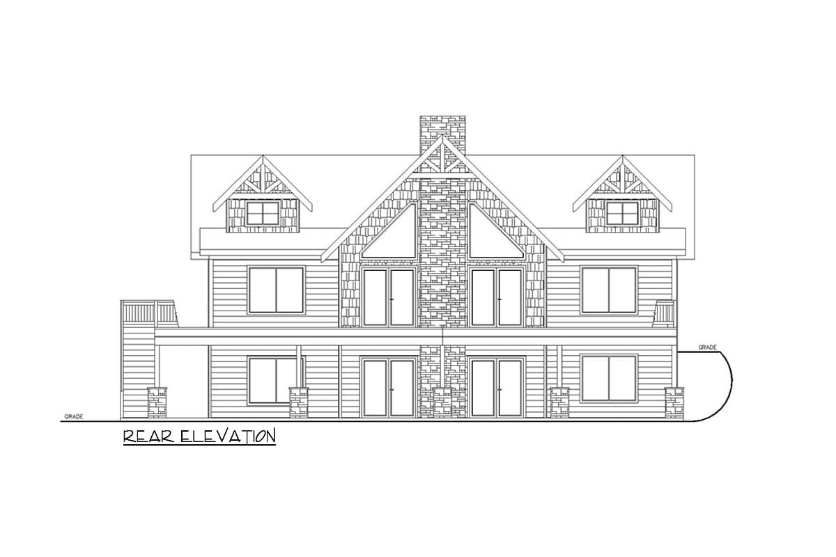 Rear elevation drawing of a two-story house plan with gabled dormers, stone chimney, and multiple doors.