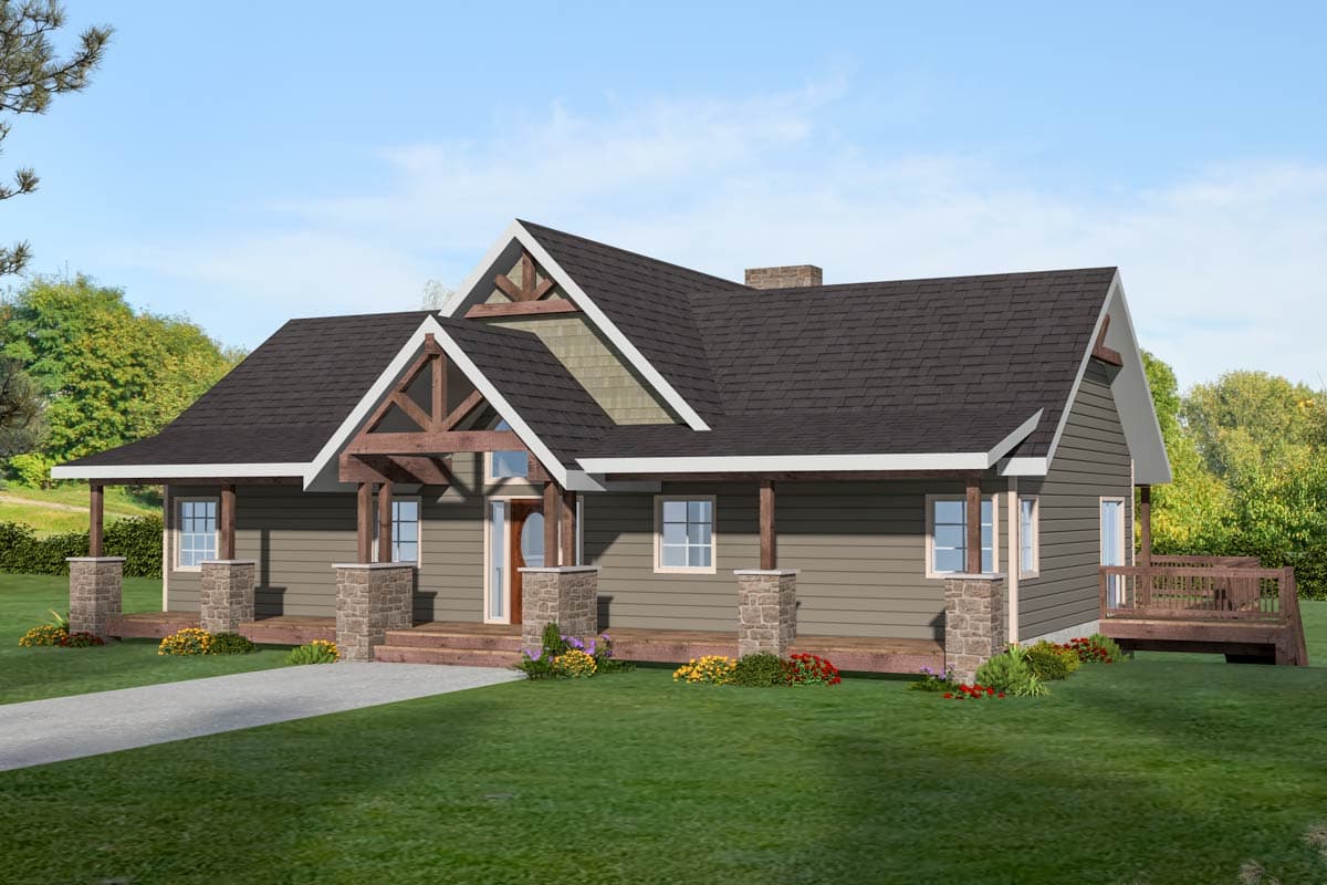 House plan exterior. Craftsman style, one story, with gables and a covered porch supported by stone columns. Features a deck.