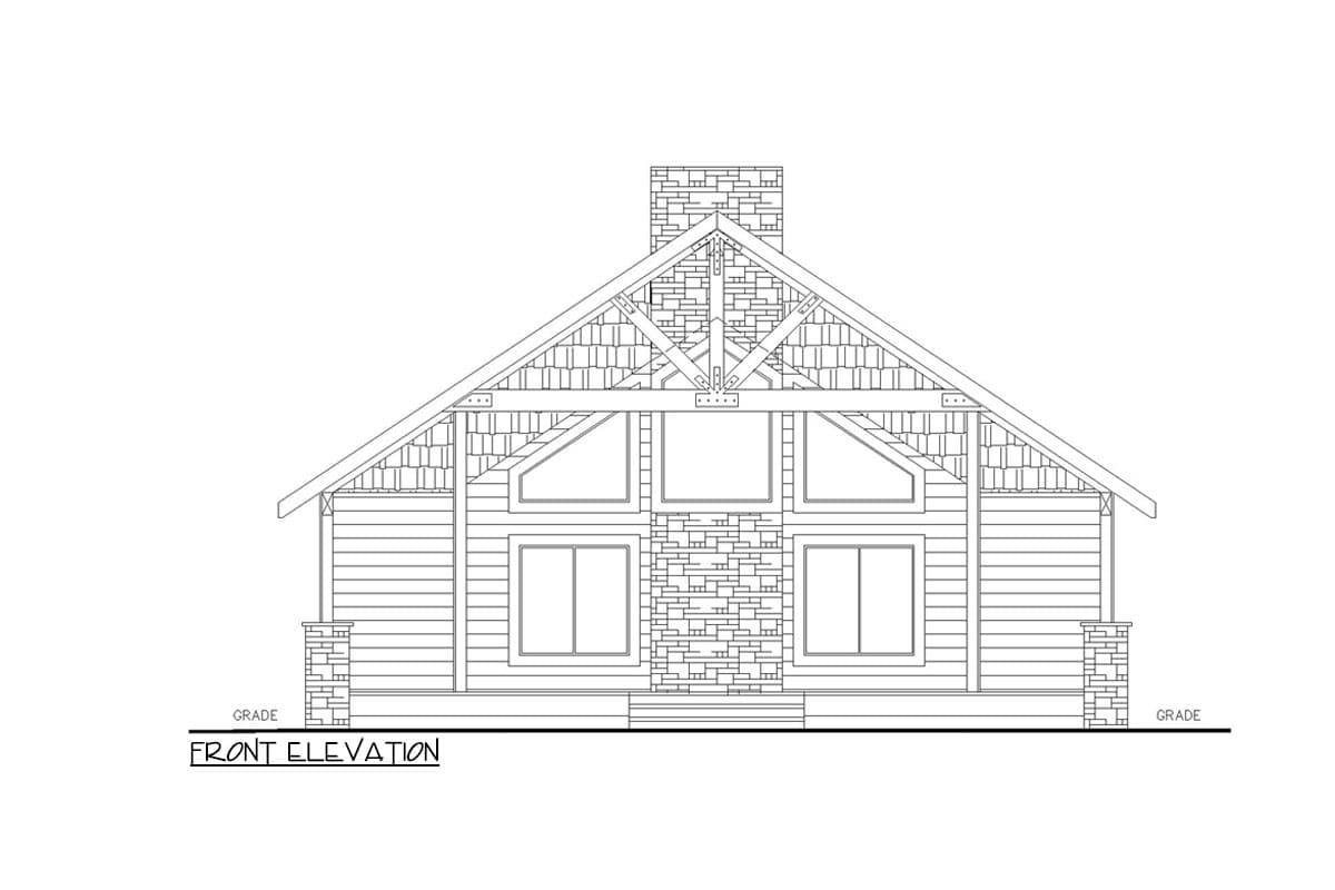 Front elevation drawing of a house plan featuring a prominent stone chimney, large gabled windows, and exposed timber framing.