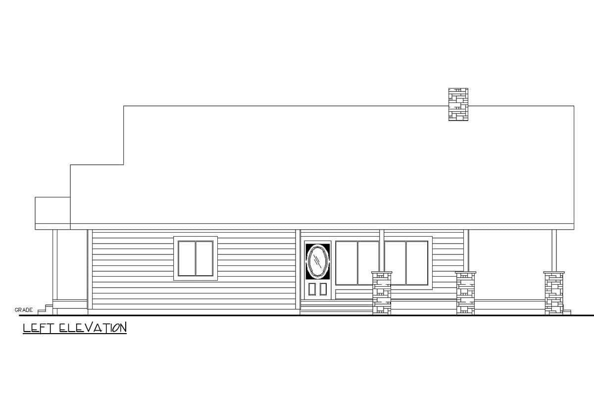 Left elevation floor plan showing a one-story house with siding, a central door, and stone-clad porch supports.