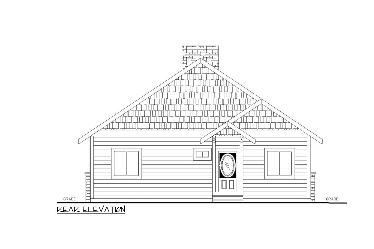 Rear elevation drawing of a one-story house with a prominent gabled roof, centered entrance, and two windows.