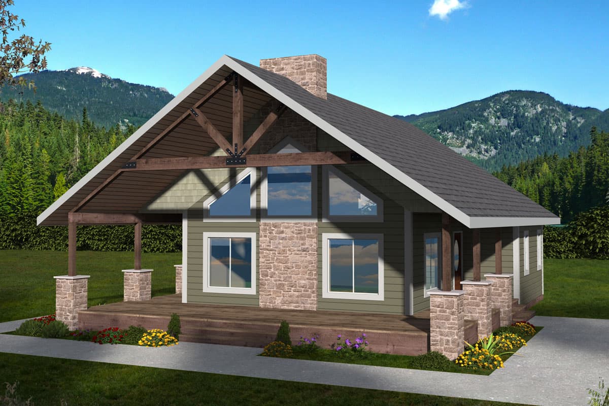 House plan exterior with Craftsman style, one story, exposed rafter tails, stone columns, and gabled roofline.