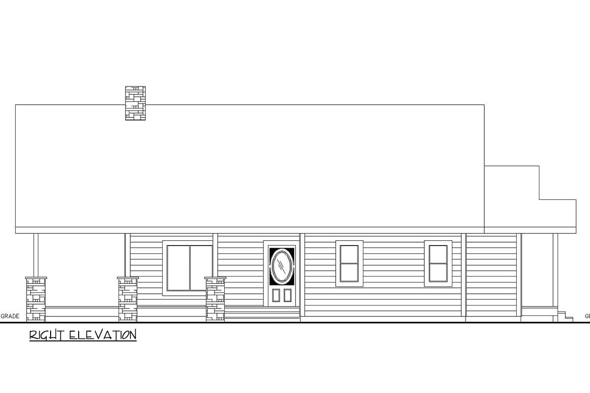 Right elevation house plan drawing showing a gabled roof, chimney, and porch with stone-clad columns.