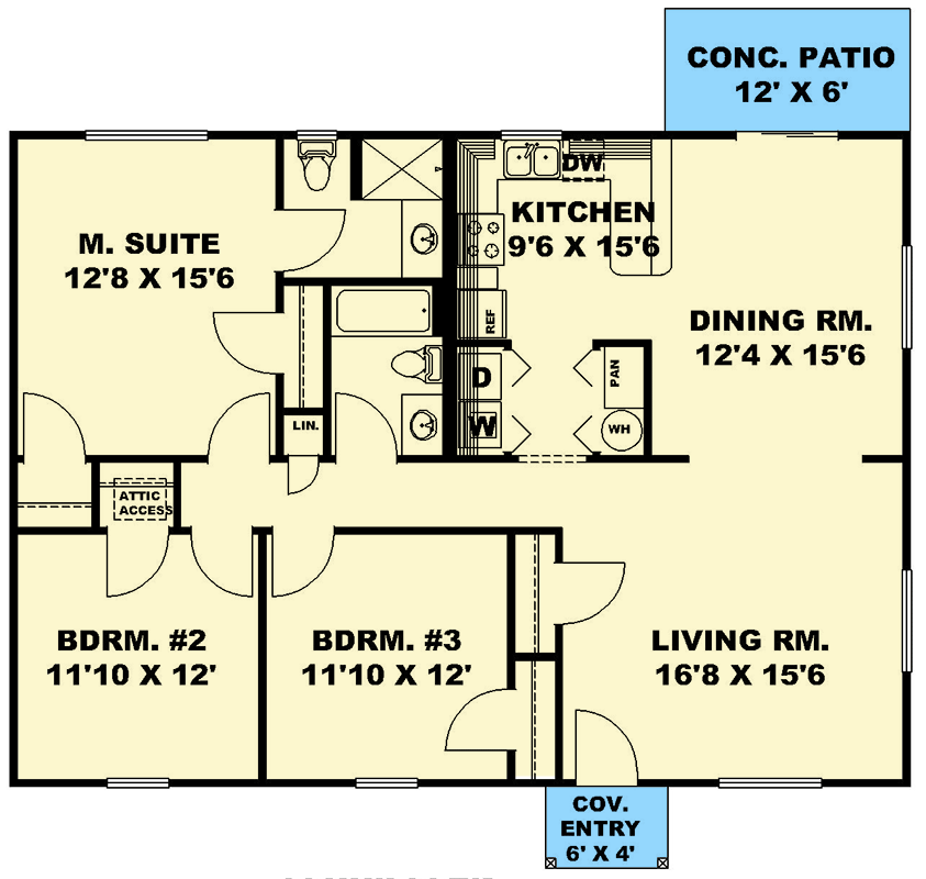 Plan 350095GH: 3-Bed Country Ranch House Plan with Breakfast Nook - 1408 Sq Ft - Floor Plan - Main Level - Country, Ranch