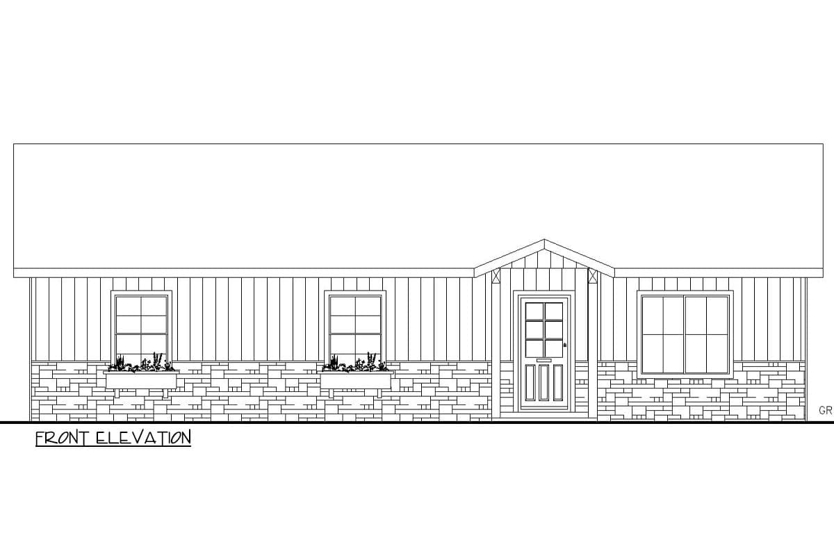 Front elevation house plan. Single-story home with gable entry, board-and-batten siding, stone base, and three windows.