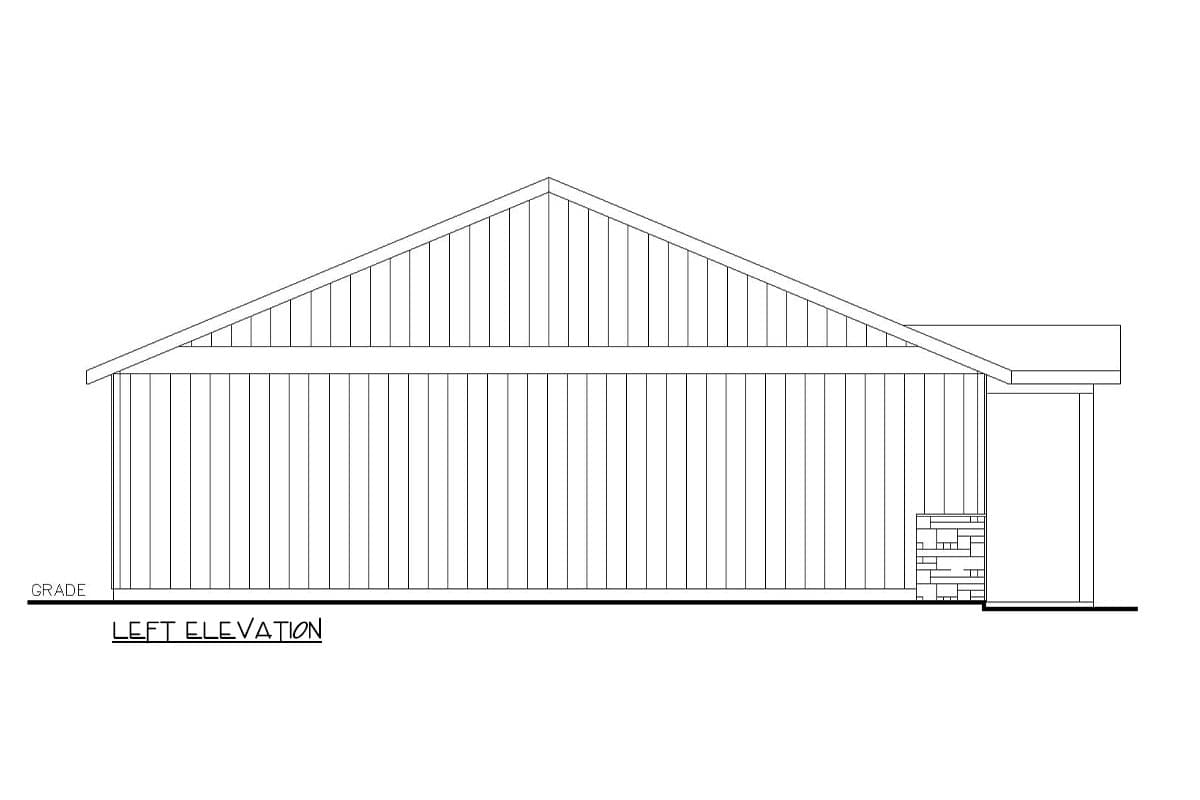 Left elevation drawing of a house plan showing a gable roof, vertical siding, and stone detail on a column.
