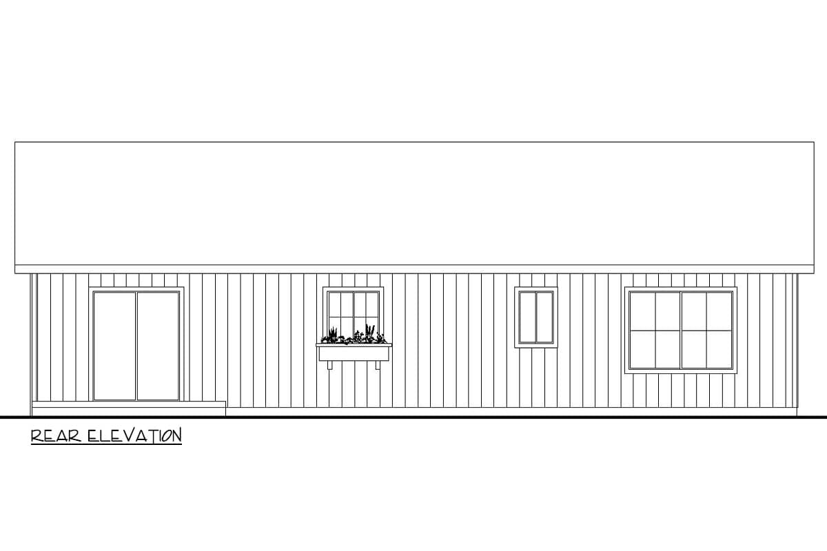 Rear elevation drawing of a house plan featuring a sliding glass door, a window with a planter box, and two other windows.