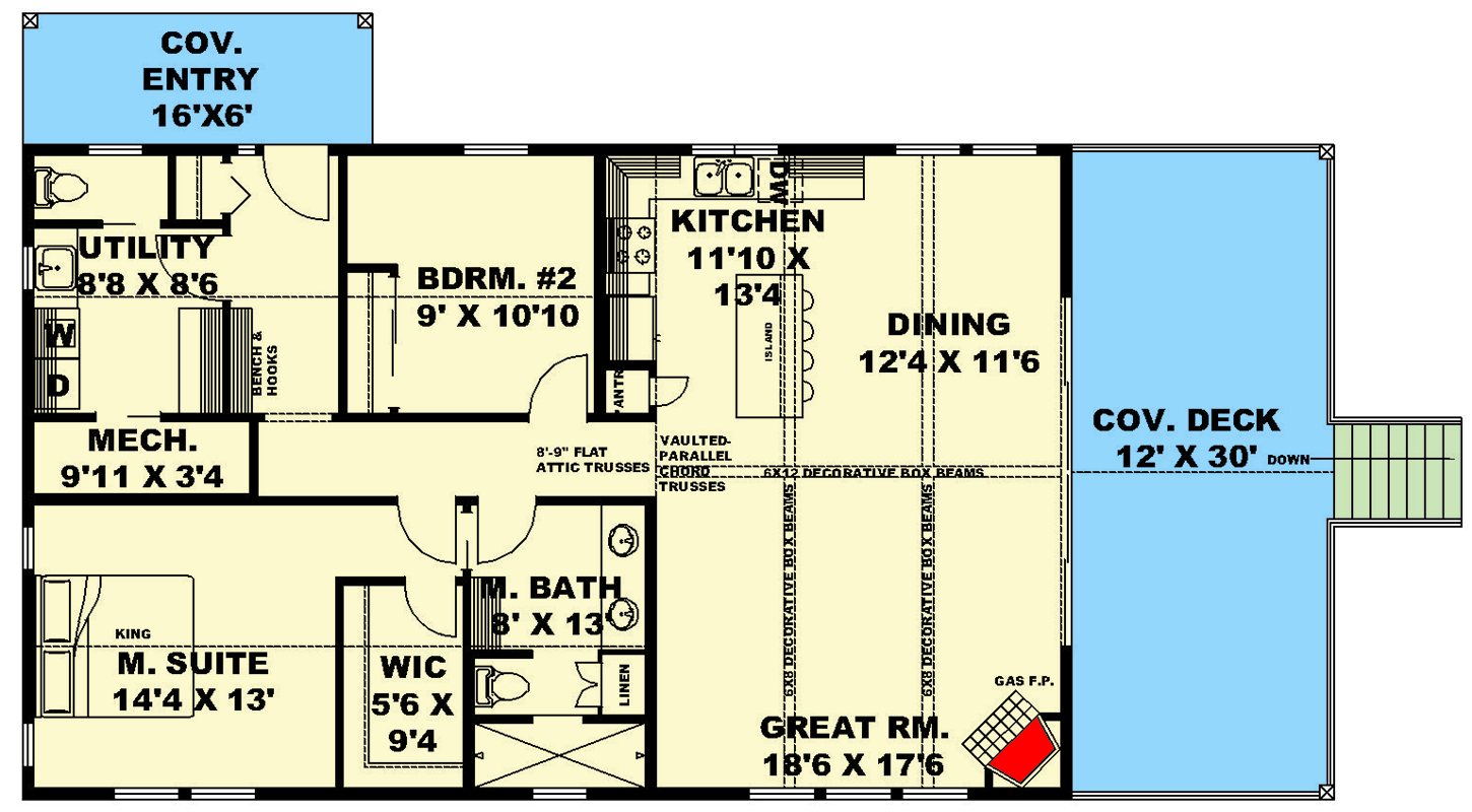 Plan 350096GH: 2-Bed Mountain House Plan with Vaulted Great Room Under 1500 Sq Ft - Floor Plan - Main Level - Country, Mountain, Ranch, Rustic