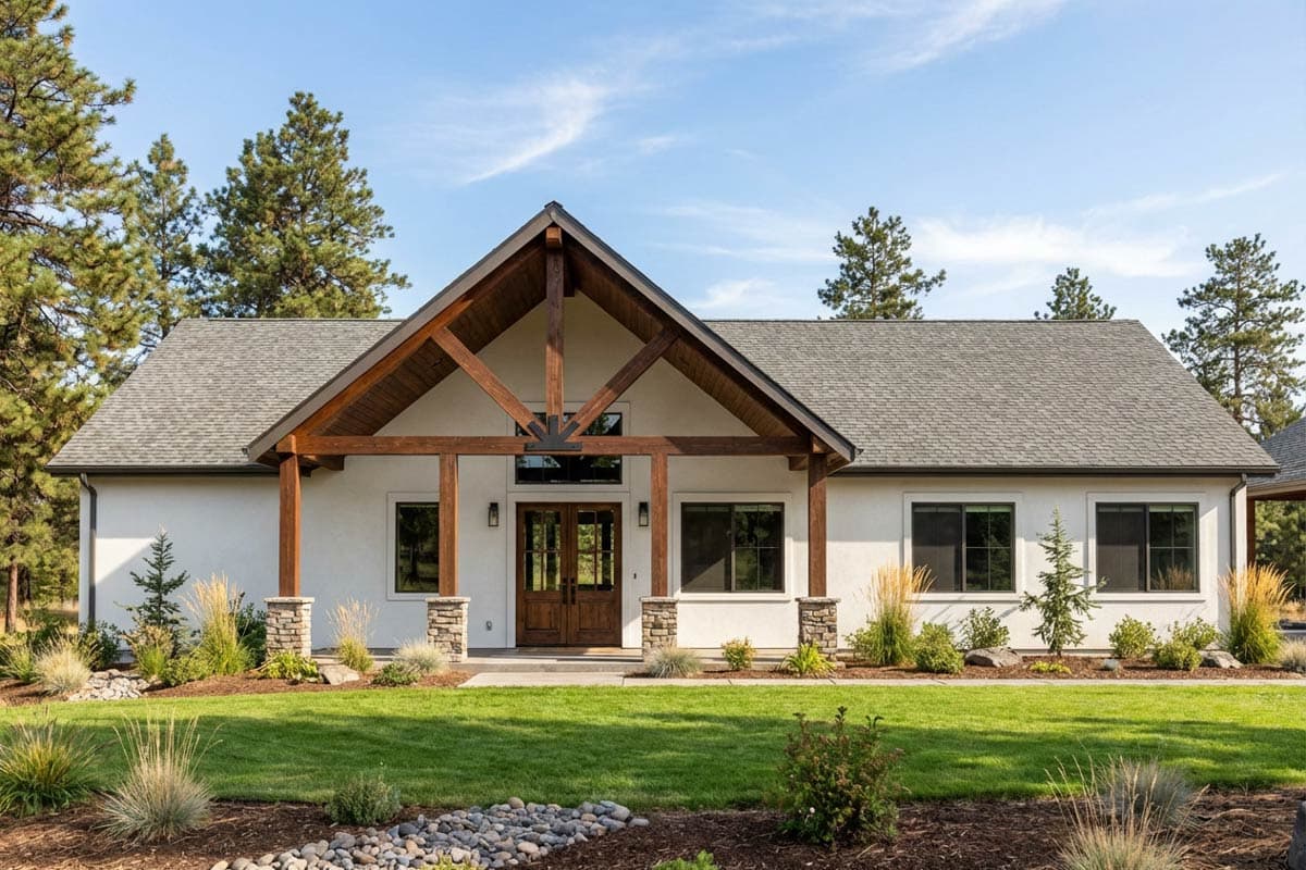 House plan exterior with a single story, front porch with exposed timber beams, and a gable roof. Includes double doors and symmetrical windows.