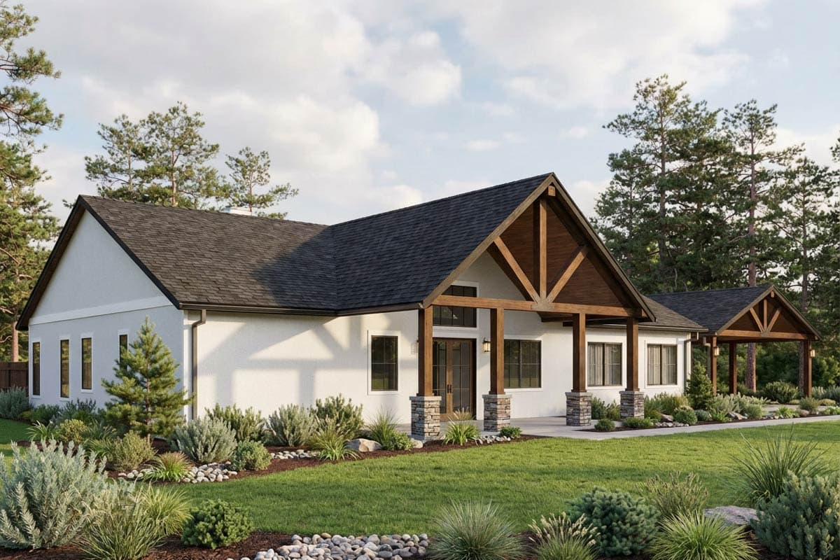 House plan exterior, single story, white stucco walls, dark asphalt roof, exposed wooden beams on covered porch, stone accents.