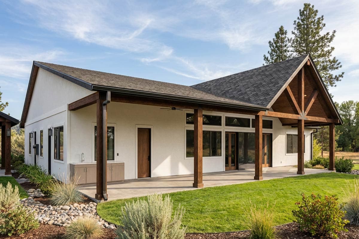 House plan exterior, single story with stucco finish, covered patio with timber posts, and an outdoor sink.
