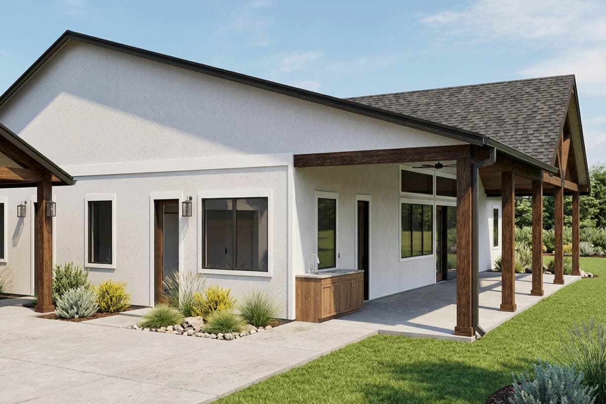 House plan exterior rendering showing a single-story modern home with a covered patio, large windows, and exposed timber framing on gables.