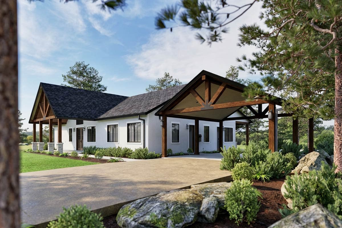 House plan exterior featuring a single-story Modern Farmhouse design with gables, a covered porch, and exposed wood beams.