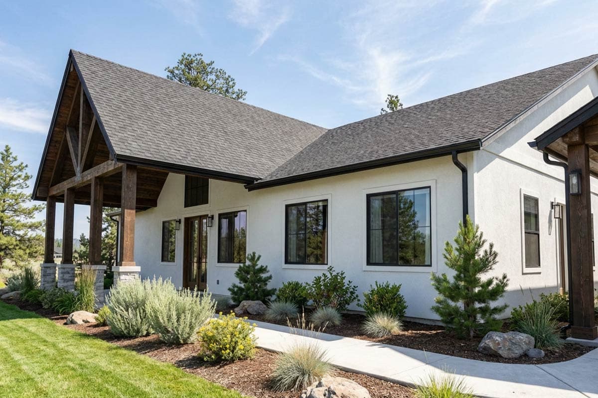 House plan exterior: Ranch style, one story, with exposed timber gables, covered entryway with stone supports, and black-framed windows.