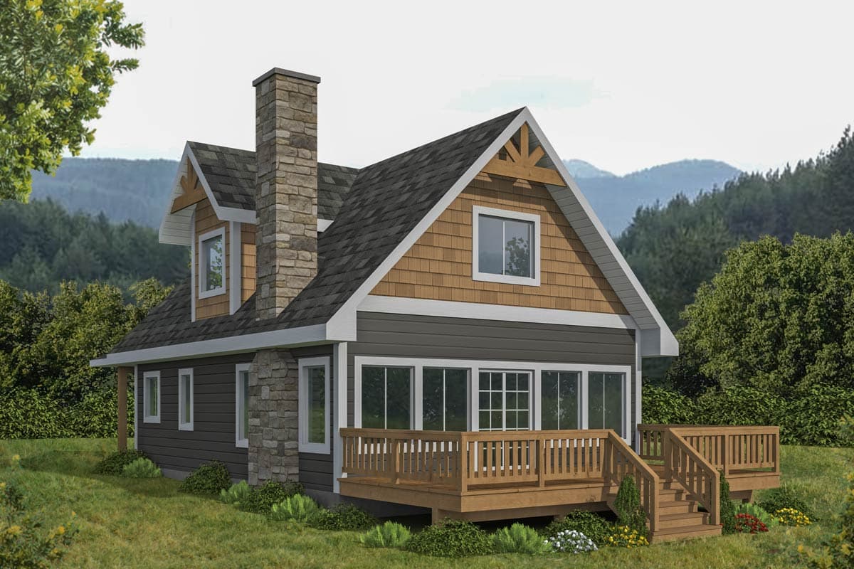 House plan exterior with two stories, a stone chimney, gable roof, wood shake siding, and a wooden deck.