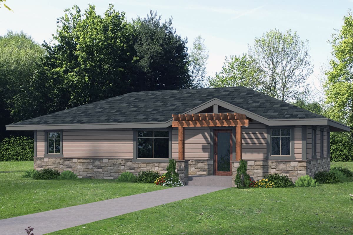 House plan exterior: One-story home with Craftsman-style elements. Features include a pergola-covered entry, stone veneer, and a low-pitched roof.