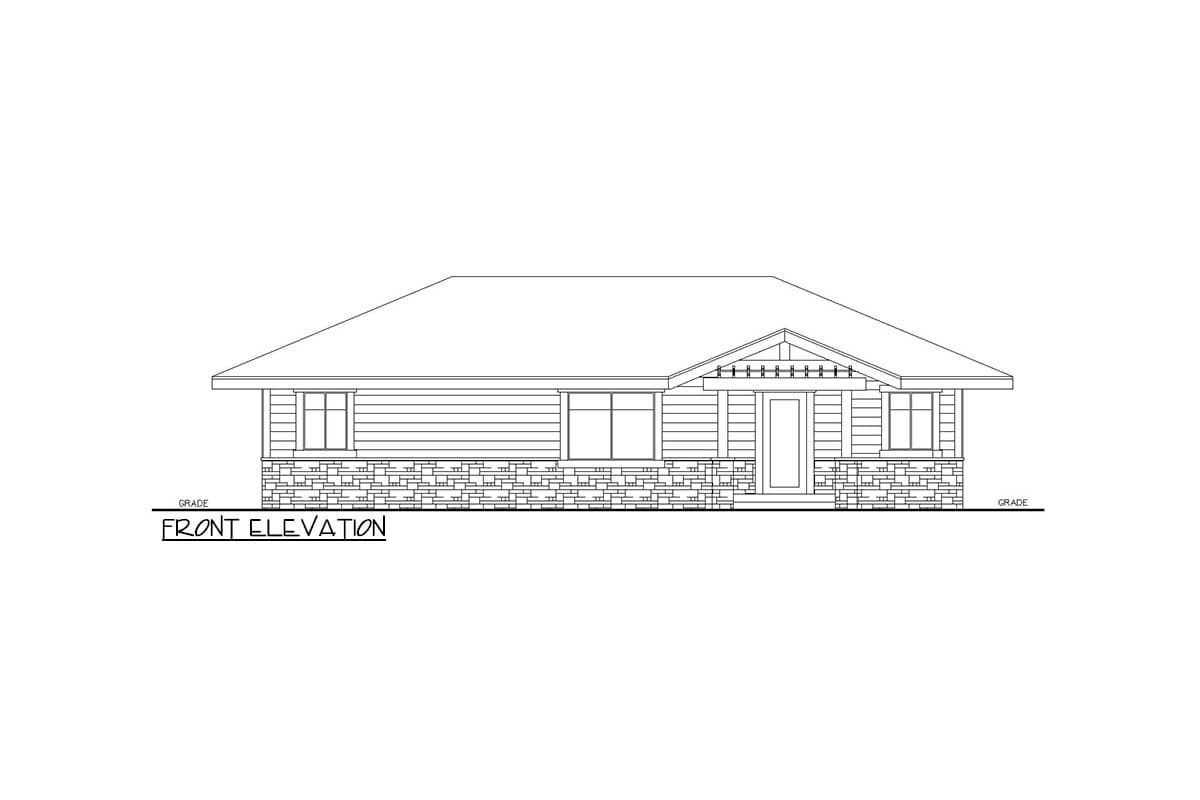 Front elevation drawing of a single-story house plan with horizontal siding, stone foundation, and a covered entry with decorative supports.