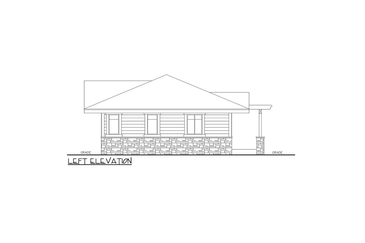 Left elevation house plan drawing showing a single-story home with a covered porch, horizontal siding, and stone foundation.