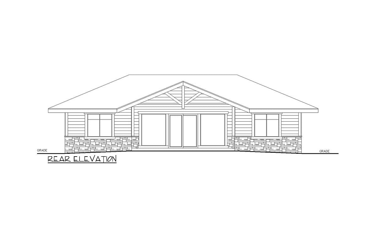 Rear elevation drawing of a house with horizontal siding, stone base, large windows, sliding doors, and exposed rafter tails.