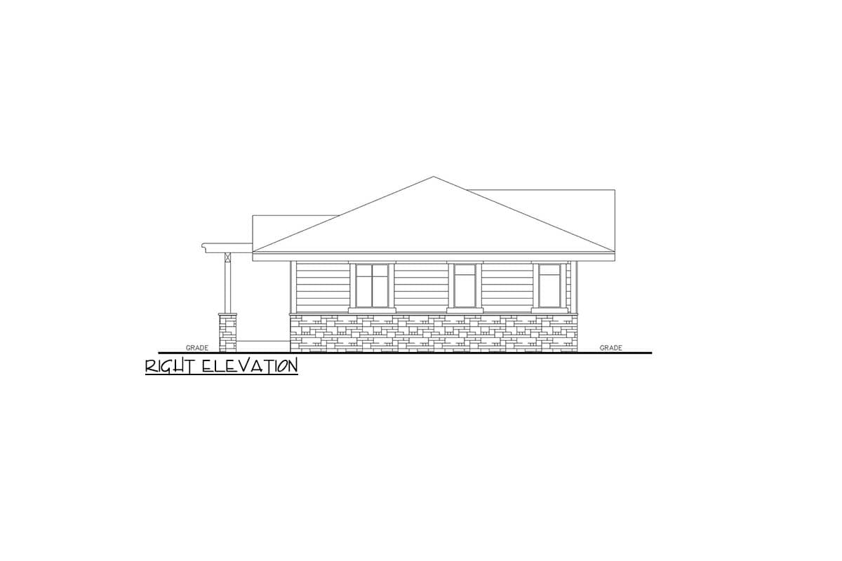 Right elevation house plan drawing showing a single-story home with stone foundation, horizontal siding, and a covered porch with stone columns.
