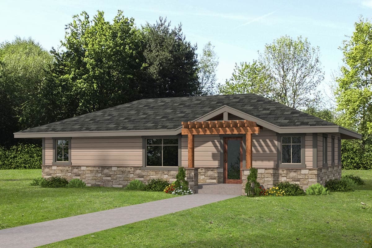 House plan exterior. Ranch style with a pergola-covered entry, stone veneer, and a low-slope roof. One story with multiple windows.