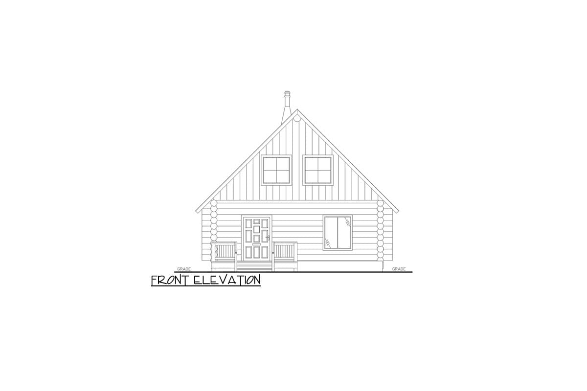 Front elevation drawing of a log cabin house plan with a prominent gable roof, two dormers, a central entrance, and two small front porches.