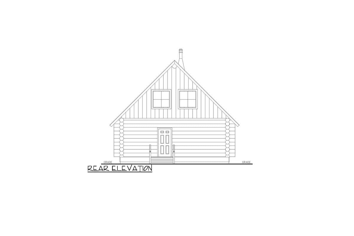 Rear elevation drawing of a log cabin house plan with a gable roof, two dormer windows, and a central door.